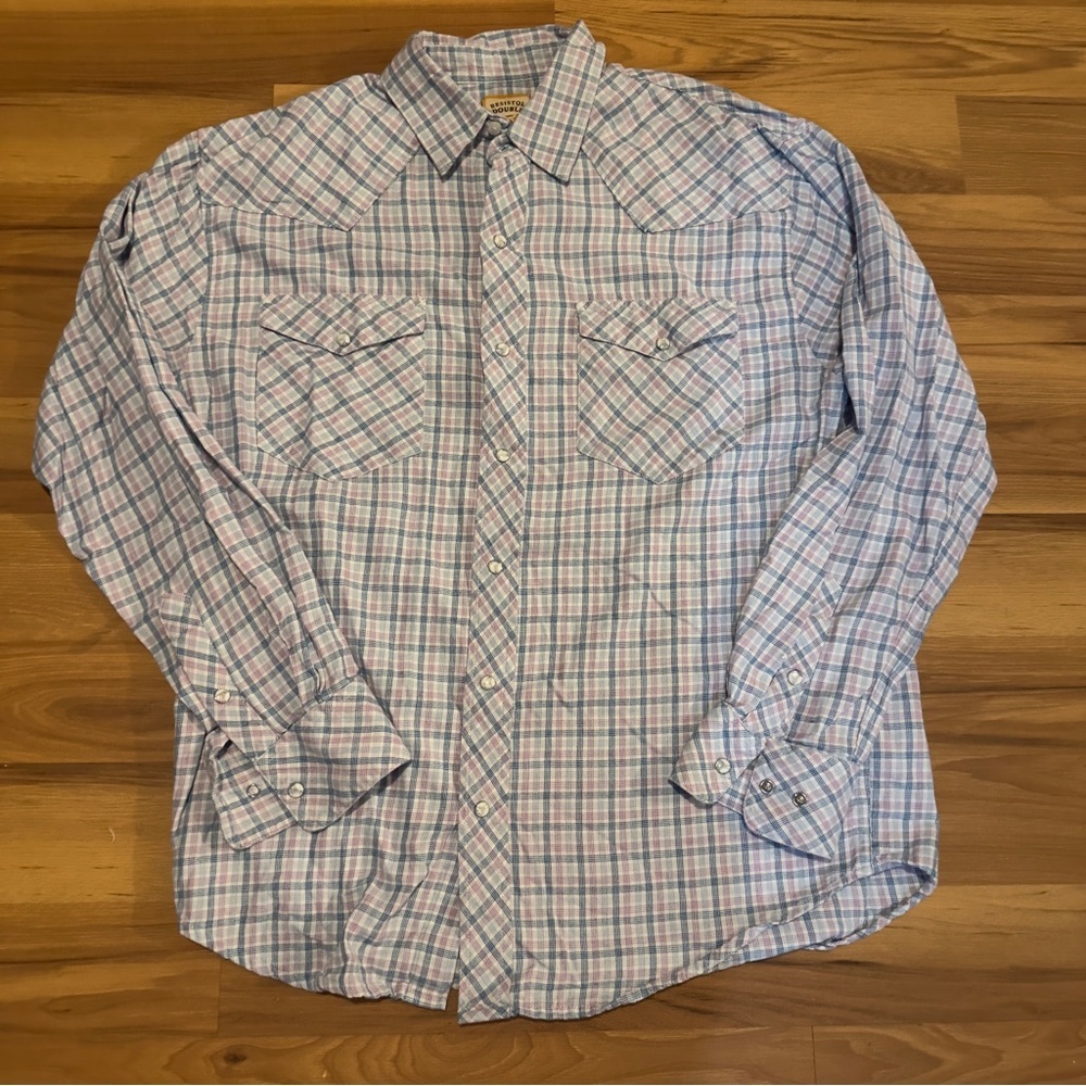 Resistol Double R Pearl Snap Blue And Pink Plaid Shirt Sz Large